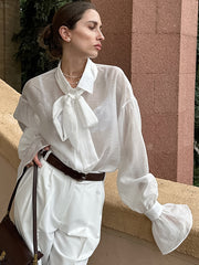 Loose Organza Bowknot Lace Bubble Long Sleeve Shirt