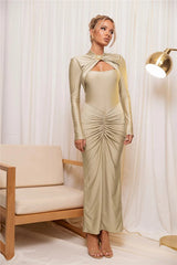 Hollow Out Long Sleeve Metal Buckle Ruched Maxi Dress