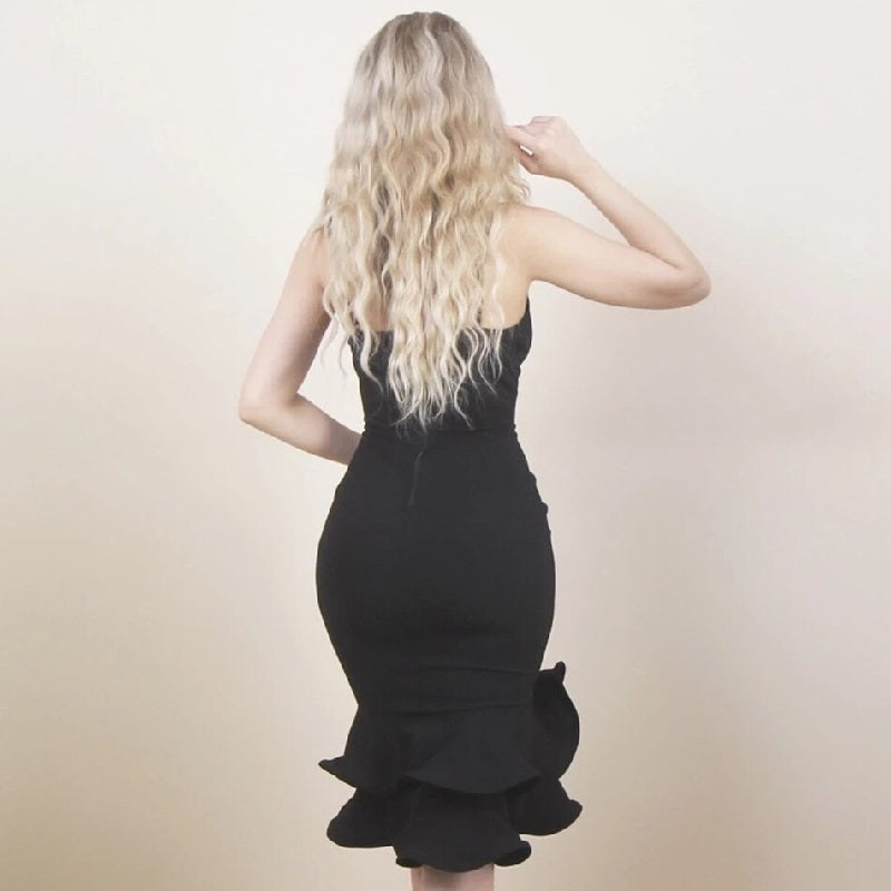 Blush Deep V Neck Bandage Midi Dress - Black