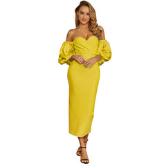 Strapless Puff Sleeves Midi Dress In Yellow
