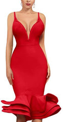 Blush Deep V Neck Bandage Midi Dress - Red
