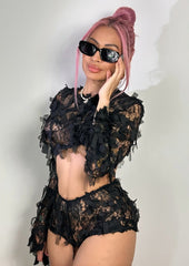 Black Lace Crop Top & Shorts Set