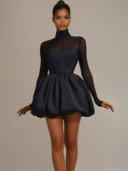 Black Sheer High-Neck Bubble long sleeve mini dress