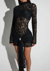 Draped Long Sleeve Lace Mini Dress