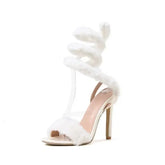 Fluffy Spiral Wrap Heeled Sandals