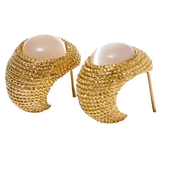 Gold Toned Textured Oval Stone Earrings