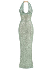 Green Sequin Halter Maxi Dress