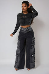 High-Waist Fold Over Black Cargo Jeans