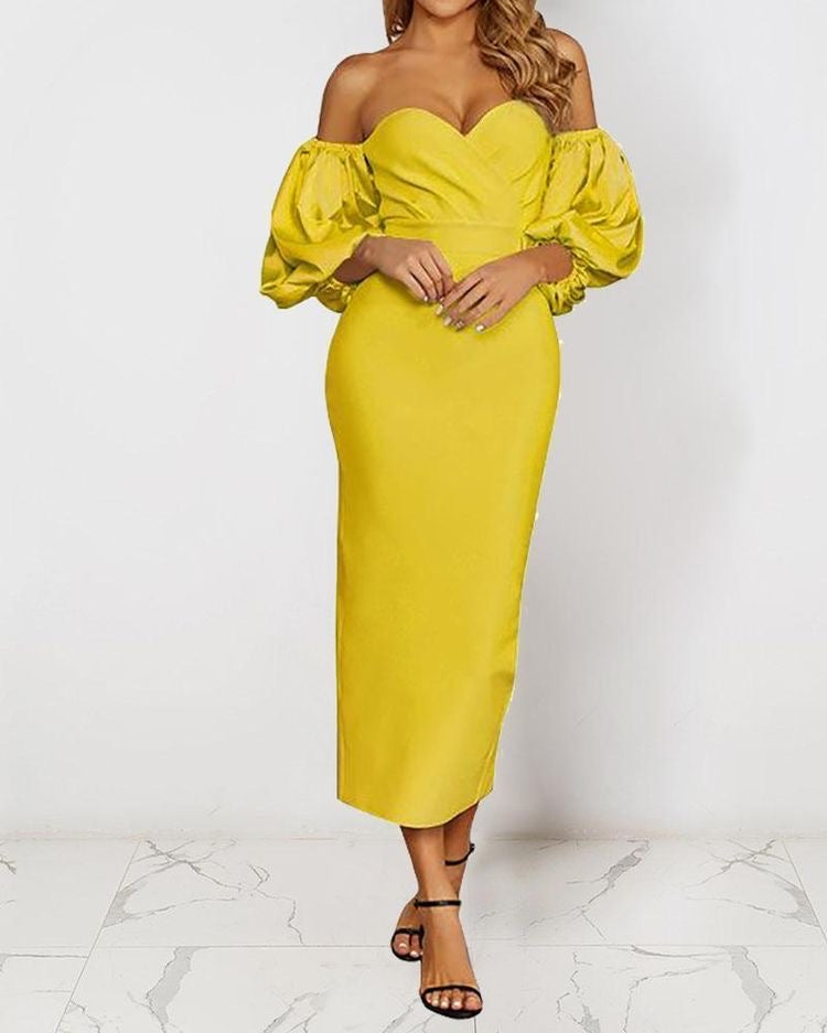 Strapless Puff Sleeves Midi Dress In  Yellow