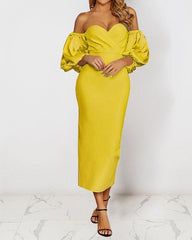 Strapless Puff Sleeves Midi Dress In Yellow