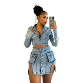 One-Sleeve Crop Top Mini Skirt Set