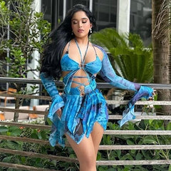 High-Waisted Lace-Up Fringed Short Dress Set