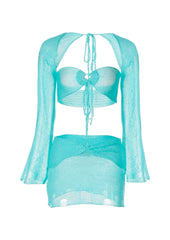 Knitted Long-Sleeved Hollow Top & Skirt Two-Piece Set