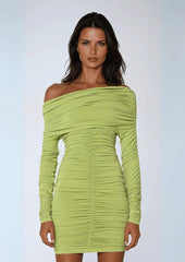 Off Shoulder Ruched long sleeve Mini Dress