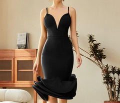 Blush Deep V Neck Bandage Midi Dress - Black