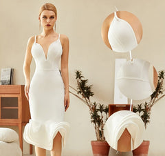 Blush Deep V Neck Bandage Midi Dress - White