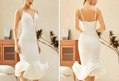 Blush Deep V Neck Bandage Midi Dress - White