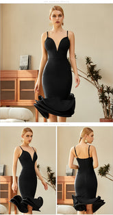 Blush Deep V Neck Bandage Midi Dress - Black