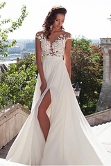 Chiffon Sweep Train Appliques Lace Prom Dresses