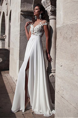 Chiffon Sweep Train Appliques Lace Prom Dresses