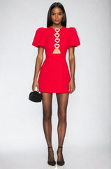 Red Hollow-Out Puff Sleeve Dress