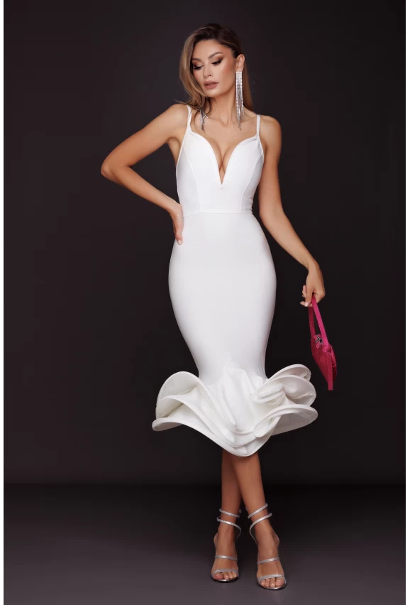 Blush Deep V Neck Bandage Midi Dress - White