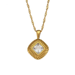 Square Texture Sterling Silver Zircon Pendant Necklace