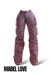 Vintage-Inspired Purple Acid Wash Cargo Denim