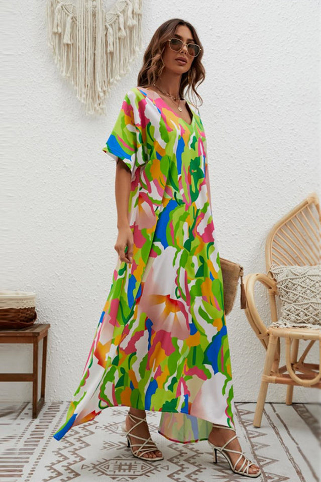 Print Short Sleeve Wide Hem Maxi Dress