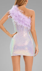Purple One Shoulder Sequin FeaTher Mini Dress