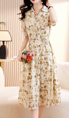 Casual Floral Short Sleeve Shirt Dress In Khaki