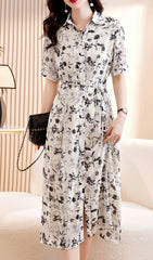 Casual Floral Short Sleeve Shirt Dress In Black