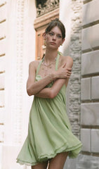 Pleated Halter Mini Dress In Green