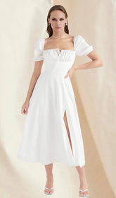 White Puff Sleeves Midi Dress
