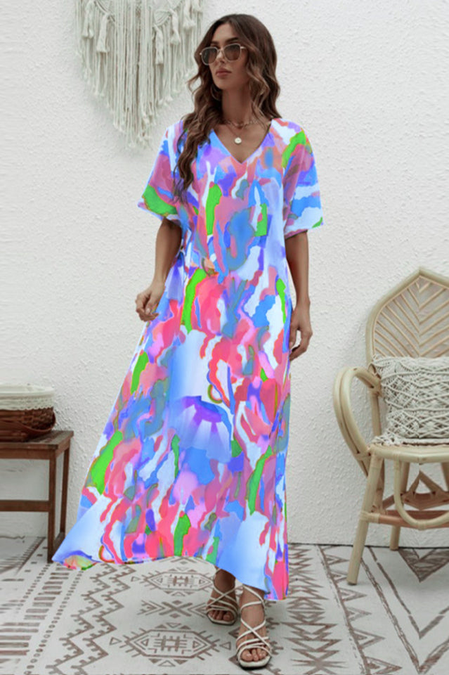 Print Short Sleeve Wide Hem Maxi Dress