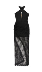 Mesh Corset Halter Maxi Dress In Black