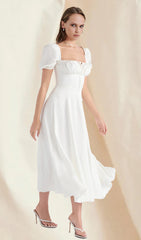 White Puff Sleeves Midi Dress