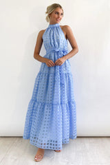 Check Halter Neck Tie Waist Maxi Dress