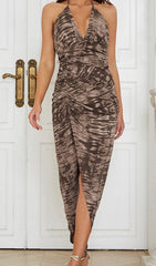 Halter Maxi Print Dress In Brown