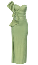Satin Forest Corset Maxi Dress In Green