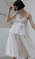 Suspender Bow Strapless Seersucker Dress In White