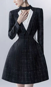 Halter V-Neck A-LIne Jacket Dress In Black