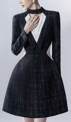 Halter V-Neck A-LIne Jacket Dress In Black