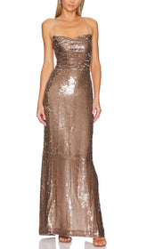 Sequin Backless Maxi Dress In Brown