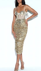 Sequin Corset Midi Dress In Champagne