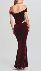 Off Shoulder Waist Hollow Velvet Maxi Dress In Burgundy