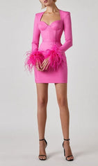STRETCH Long Sleeves Mini Dress In Hyper Pink