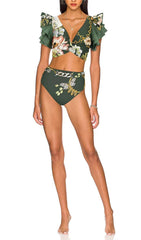 Ruffled Floral Print Bikini Swimsuit And Skirt