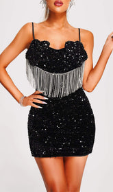 Fringed Sequin Mini Dress In Black
