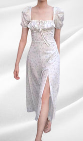 White Floral Puff Sleeve Midi Dress